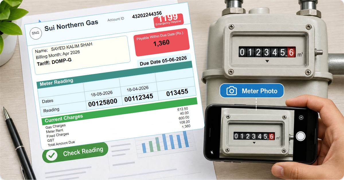 Illustration showing a gas bill current reading compared with a physical gas meter photo