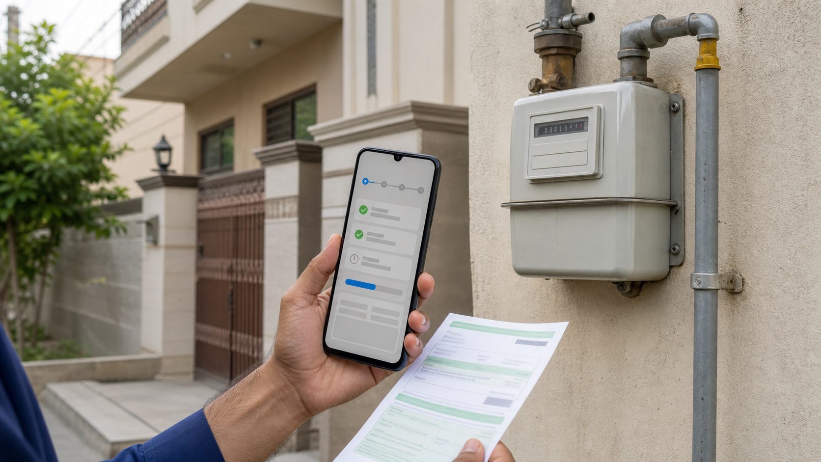 Gas connection application status shown on a phone with acknowledgement form and gas meter