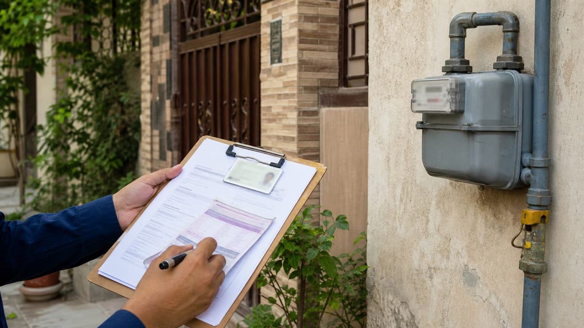 Gas connection transfer documents being reviewed beside an installed domestic gas meter
